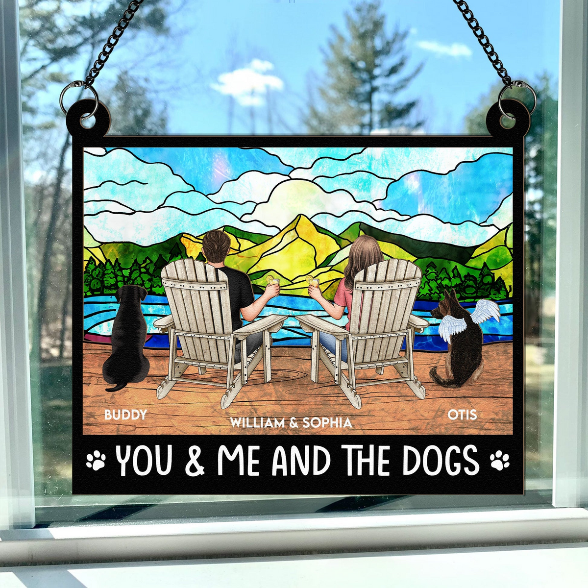 You And Me And The Dogs - Personalized Window Hanging Suncatcher Ornament - Gift For Couple, Wife, Husband, Dog Lovers
