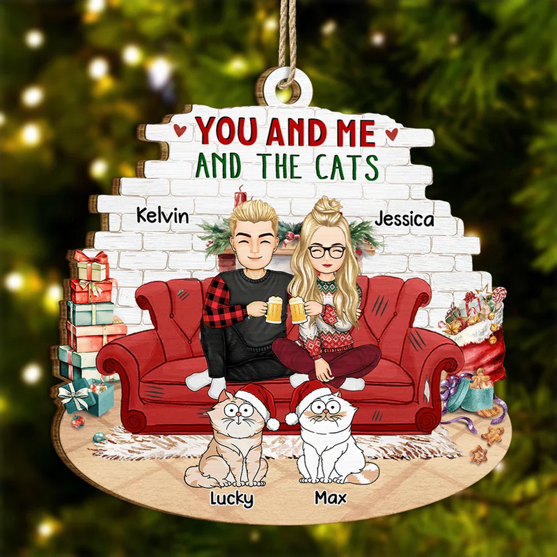 You And Me And The Cats - Personalized Wood Ornament - Christmas Gift for Cat Lovers, Cat Mom, Cat Dad
