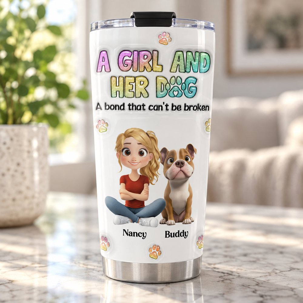 Close up detail of 3D inflated effect print and stainless steel rim on 20oz dog tumbler