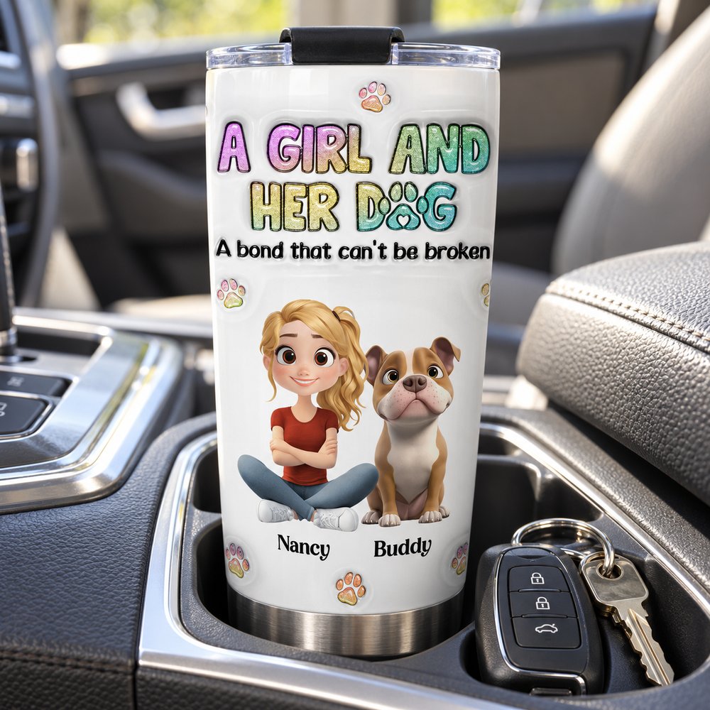 20oz A Girl And Her Dog fat tumbler fitting inside a standard car cup holder for scale