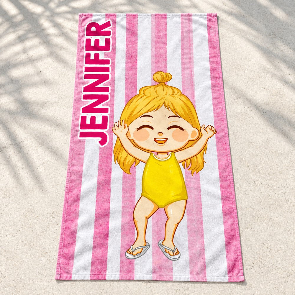 Macro close-up of personalized kids beach towel fabric texture and stitched hem