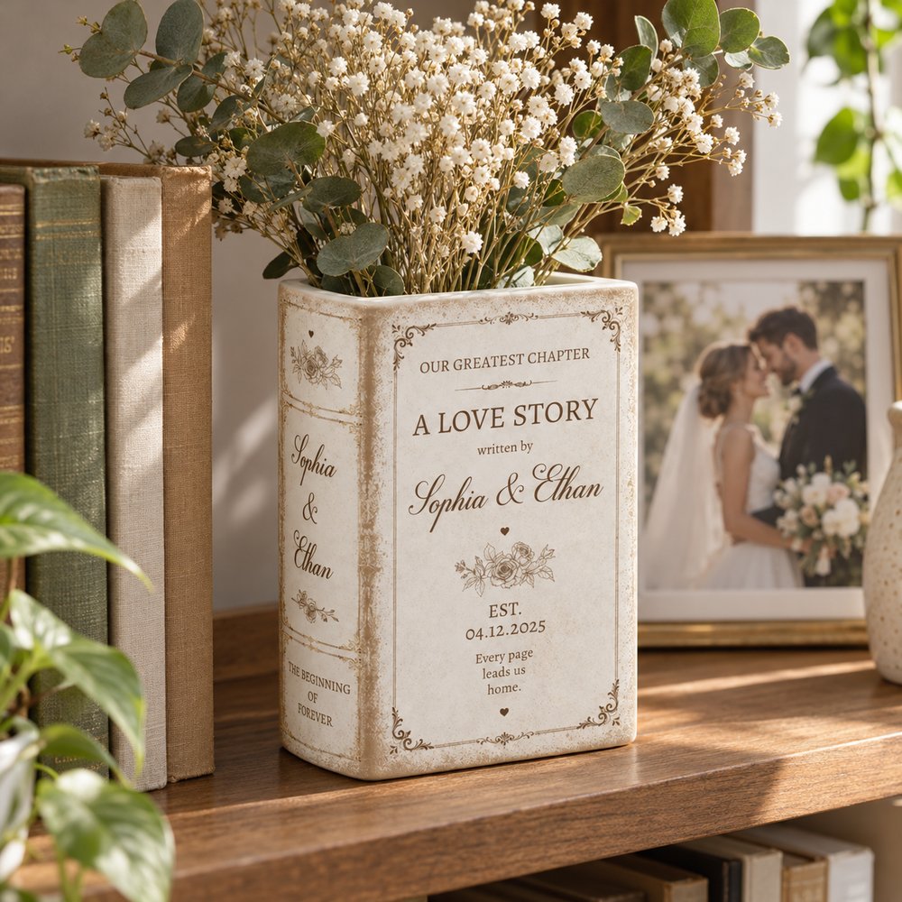 Personalized ceramic book vase displayed on a wooden bookshelf with dried flowers