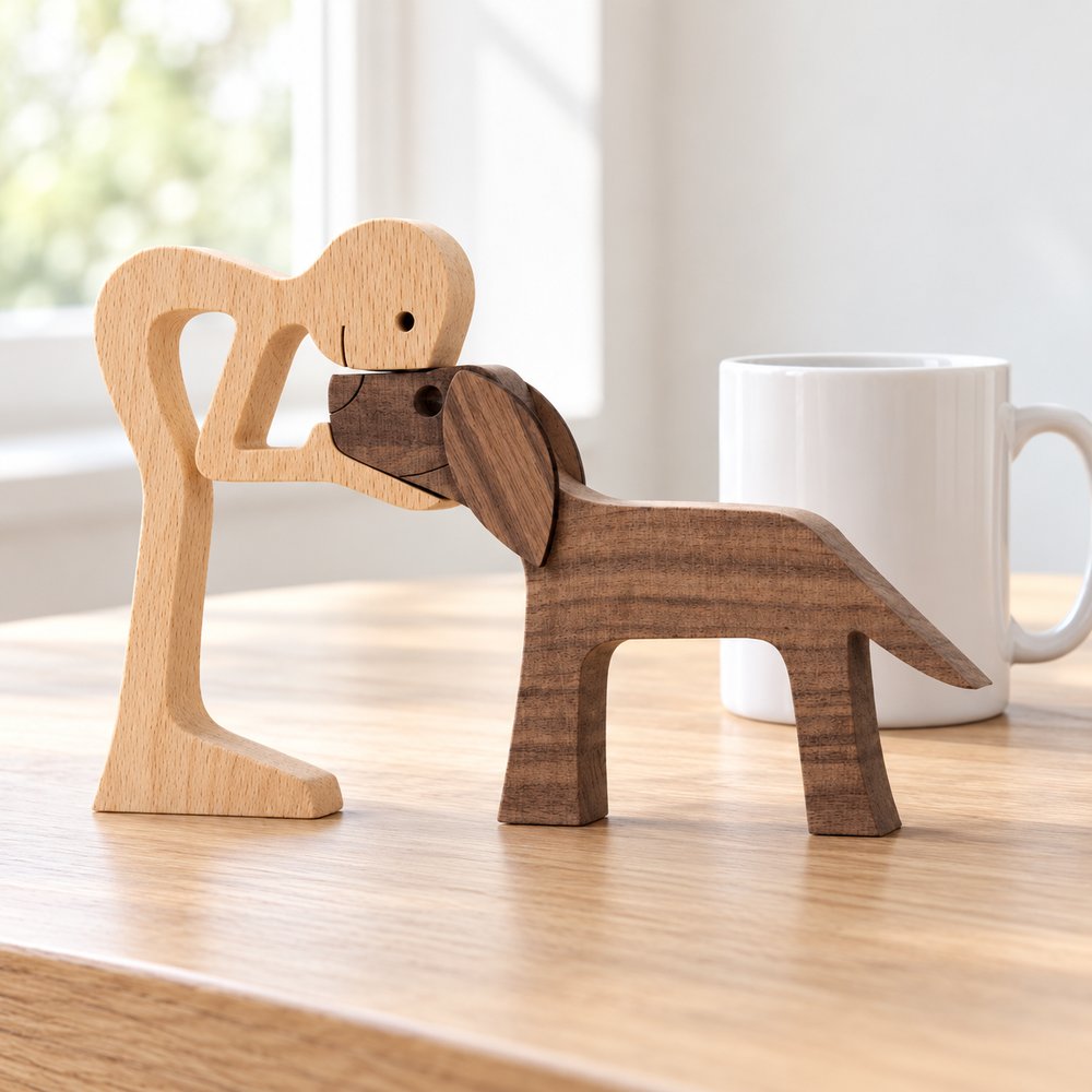 Man and floppy ears dog wood sculpture next to a coffee mug for size scale