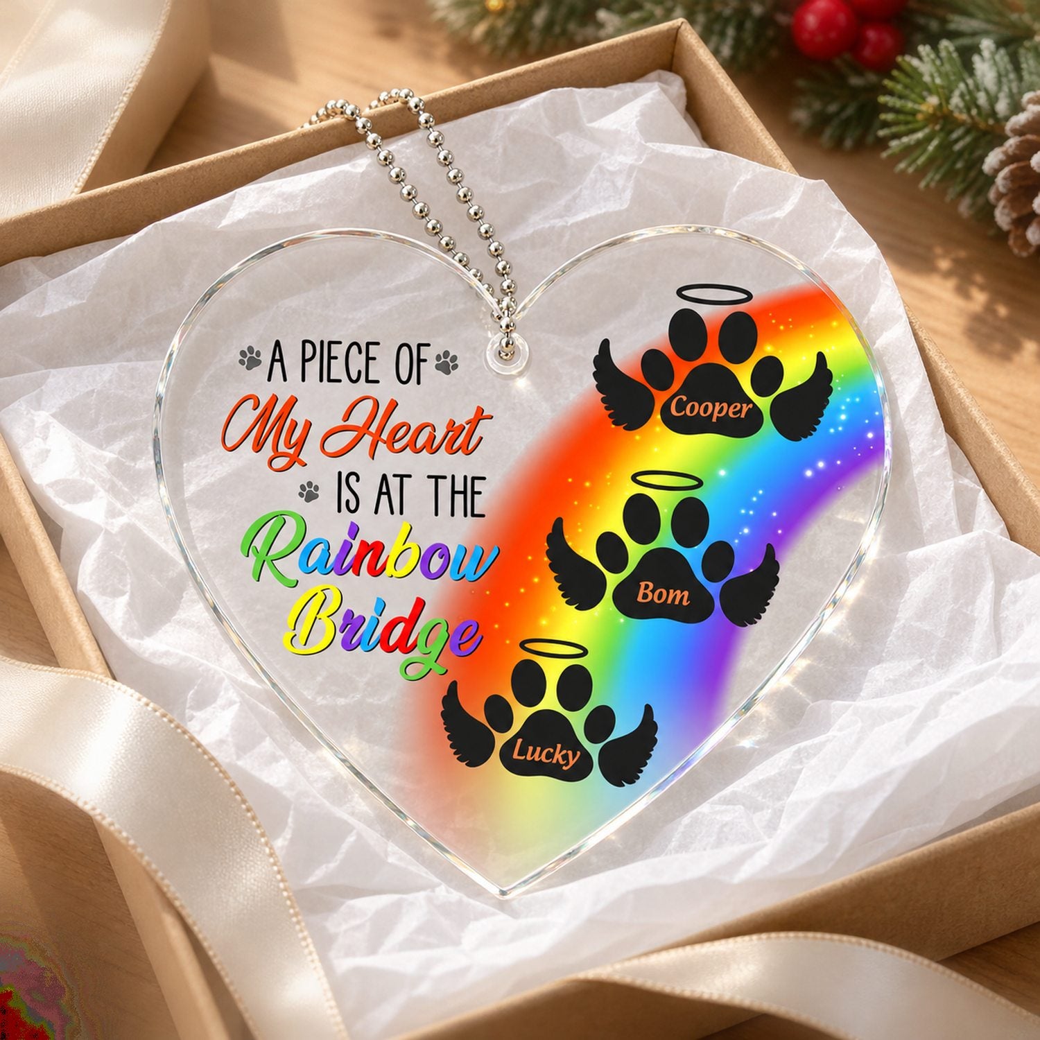 Personalized pet memorial rainbow bridge acrylic car hanger presented in an open gift box with ribbon