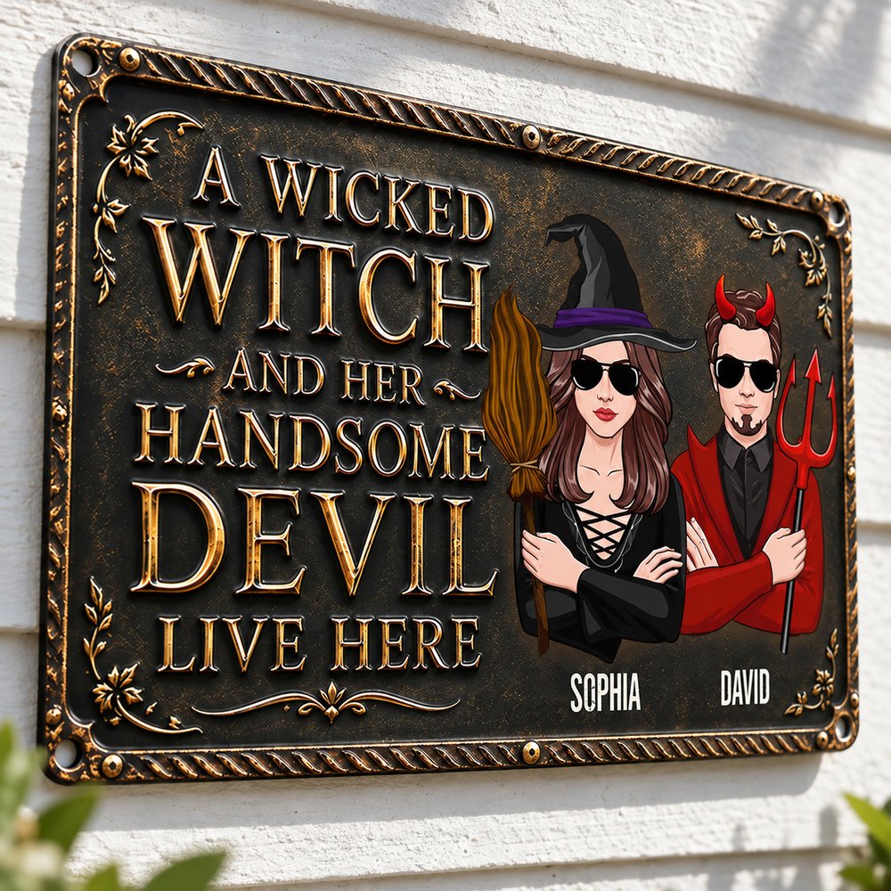 Close-up detail of personalized Halloween couple metal sign showing printed texture and corner hole