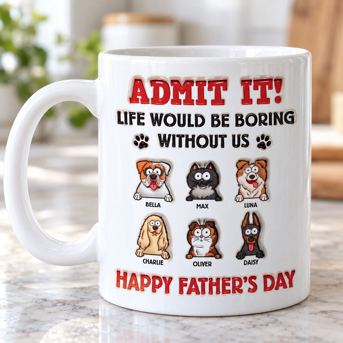 Close-up of 3D inflated effect print and cartoon dogs and cats on white ceramic mug