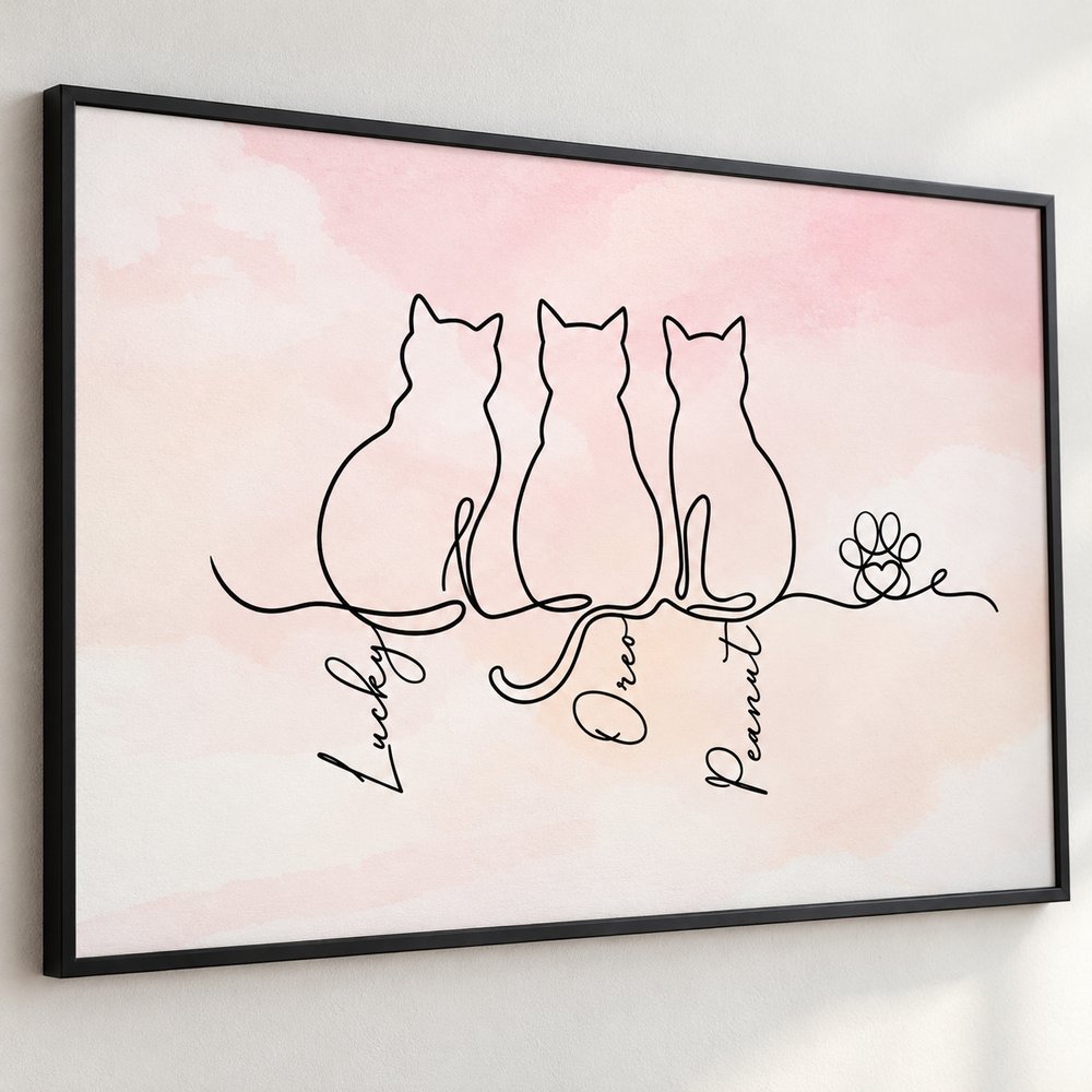 Close-up detail of personalized cat line art print texture and cursive names