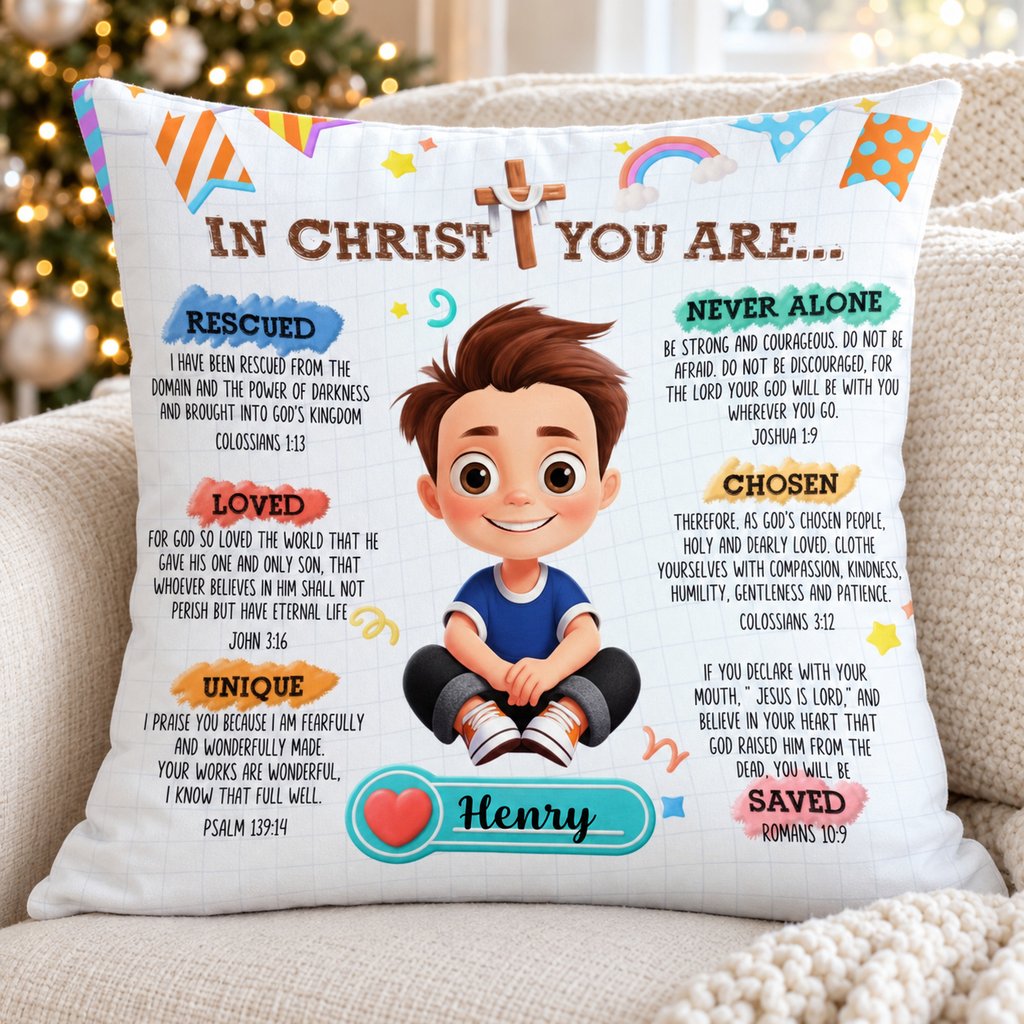 Personalized In Christ You Are kids pillow on a cozy armchair next to a Christmas tree