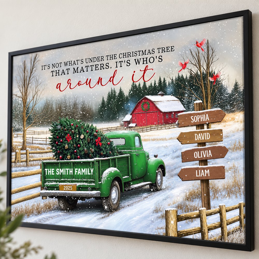 Close-up detail of personalized family names on signpost and green Christmas truck print