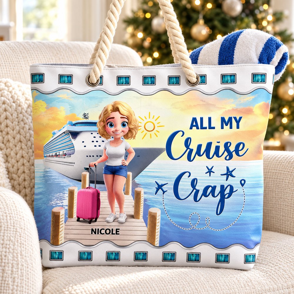 Personalized cruise beach bag on armchair near Christmas tree for holiday gifting