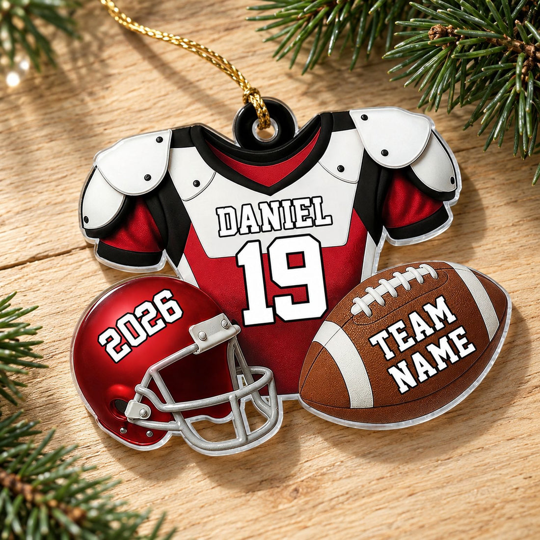 Close-up of personalized American football custom shaped acrylic Christmas ornament showing glossy finish