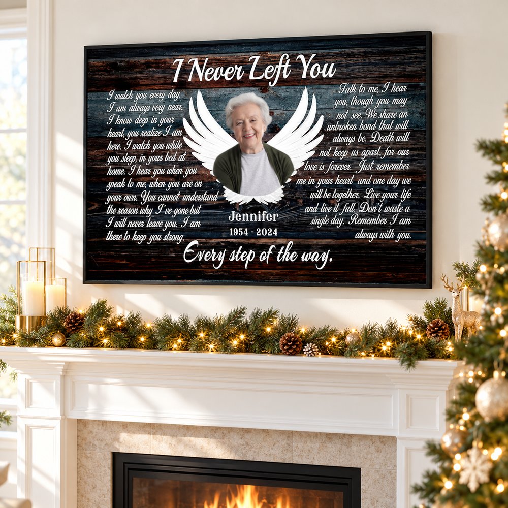 Loss of Mom custom photo angel wings memorial canvas hanging above a holiday fireplace mantel
