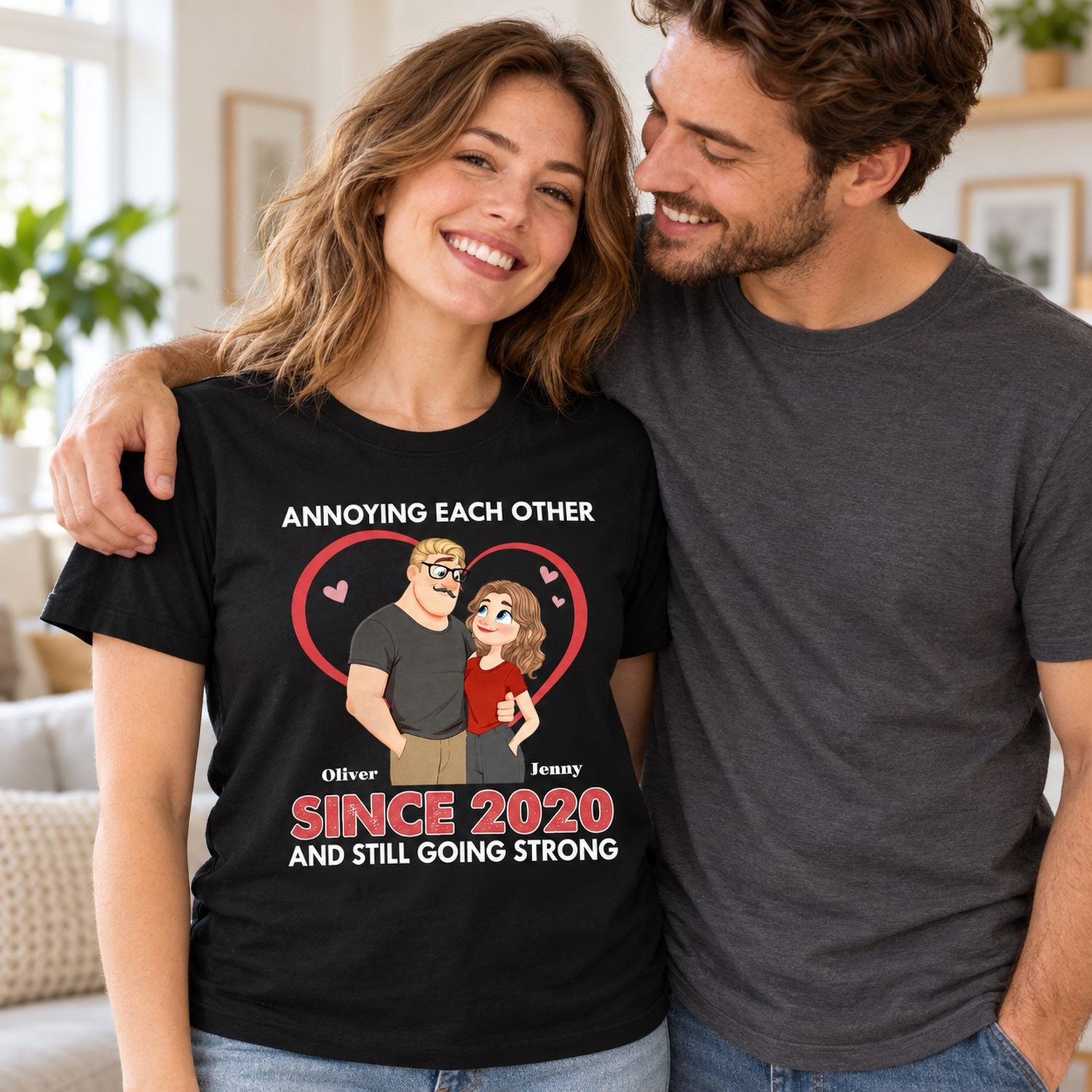 Woman wearing personalized Annoying Each Other Since 2020 couple t-shirt with her partner