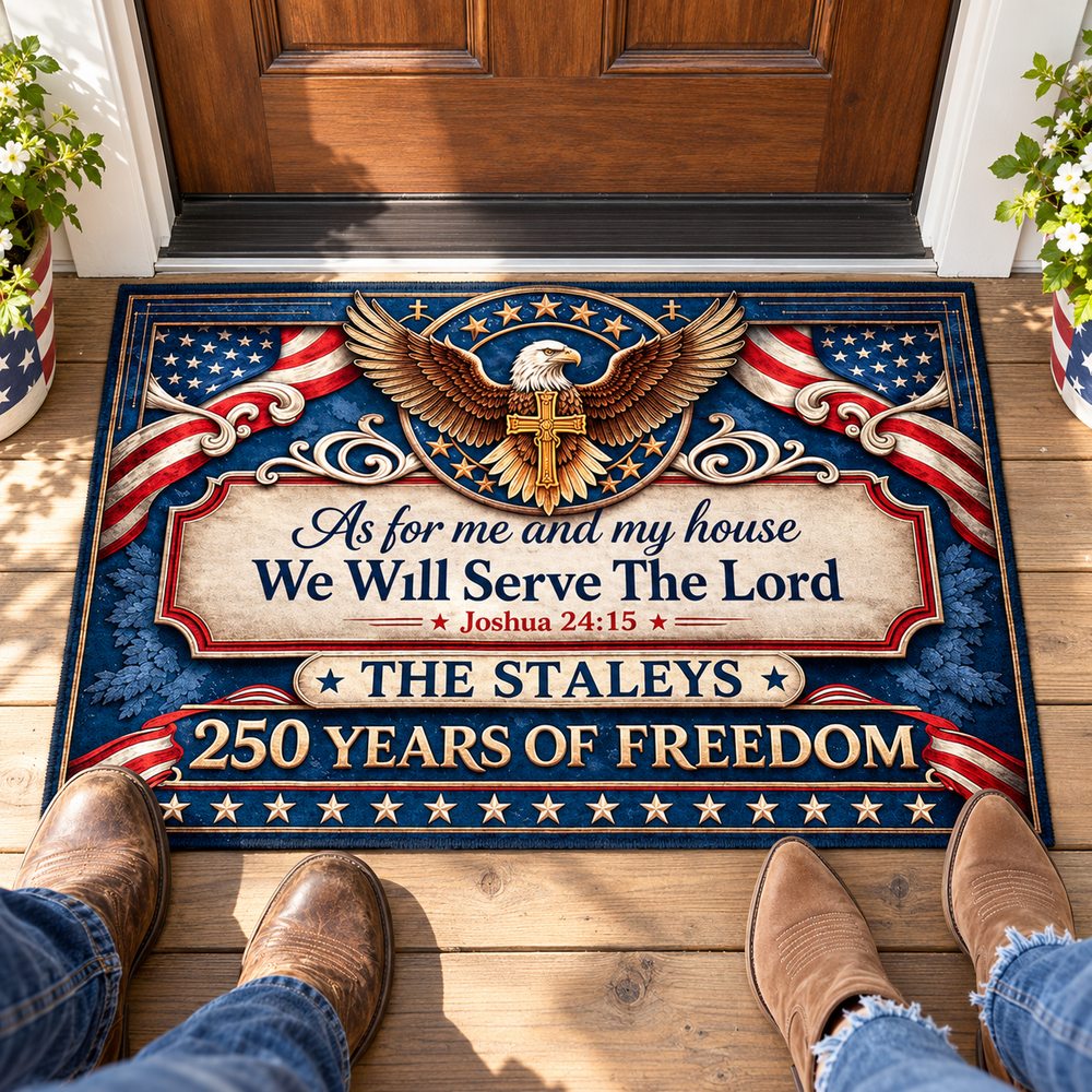 Personalized America 250th Christian doormat at a front door as a couple welcomes guests