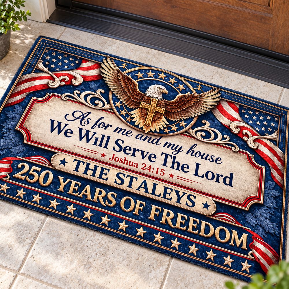 Close-up of polyester felt texture and printed eagle with cross on personalized doormat