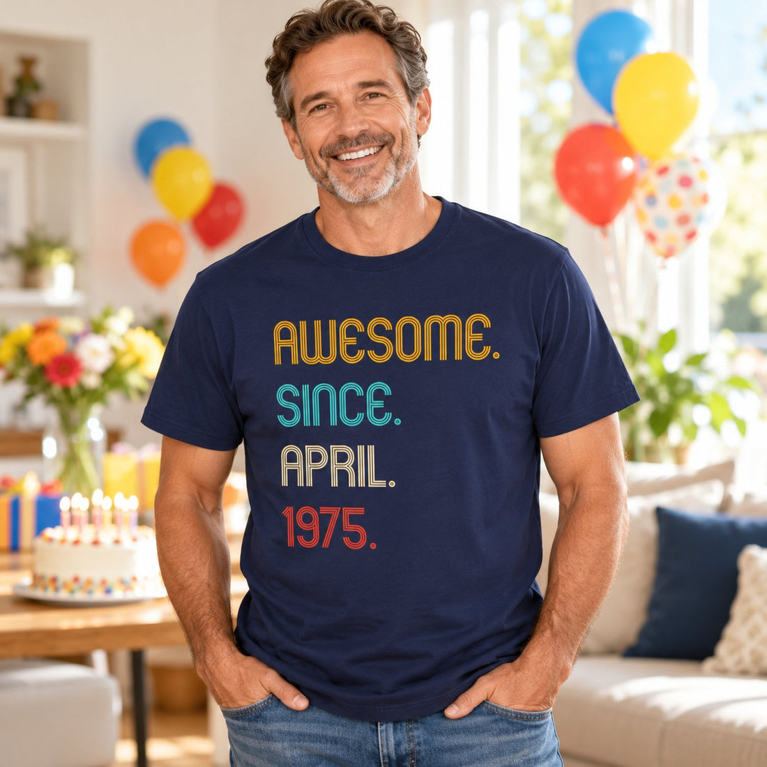 Man wearing Awesome Since April 1975 personalized birthday t-shirt at home celebration