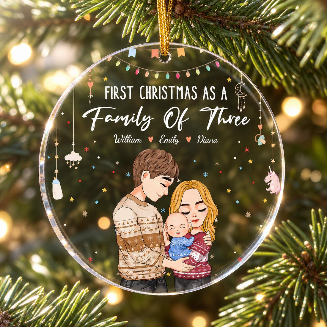 Personalized Family Of Three circle acrylic ornament hanging on a bright Christmas tree branch