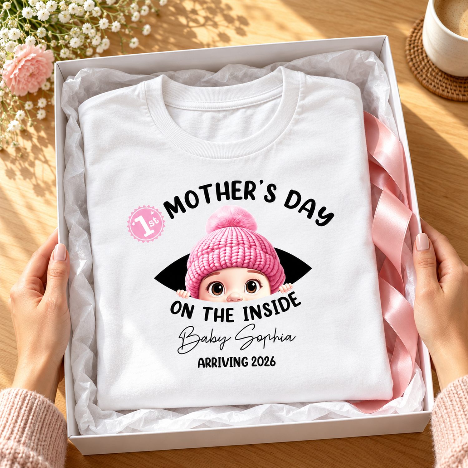 Personalized 1st Mothers Day On The Inside t-shirt folded in an open gift box with ribbon