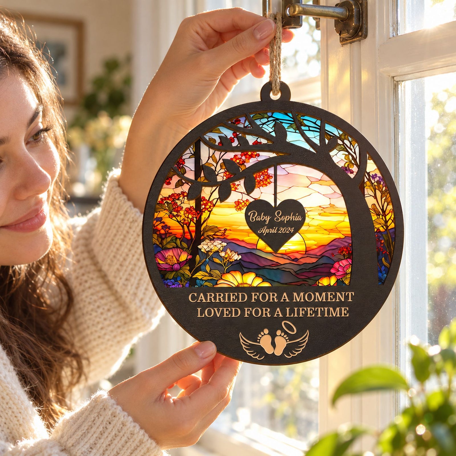 Mother hanging the personalized infant loss memorial suncatcher in a sunny living room window