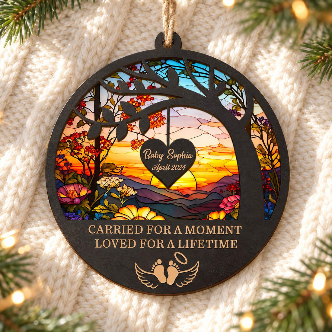Baby memorial ornament lying flat on cozy cream knit fabric with soft holiday greenery