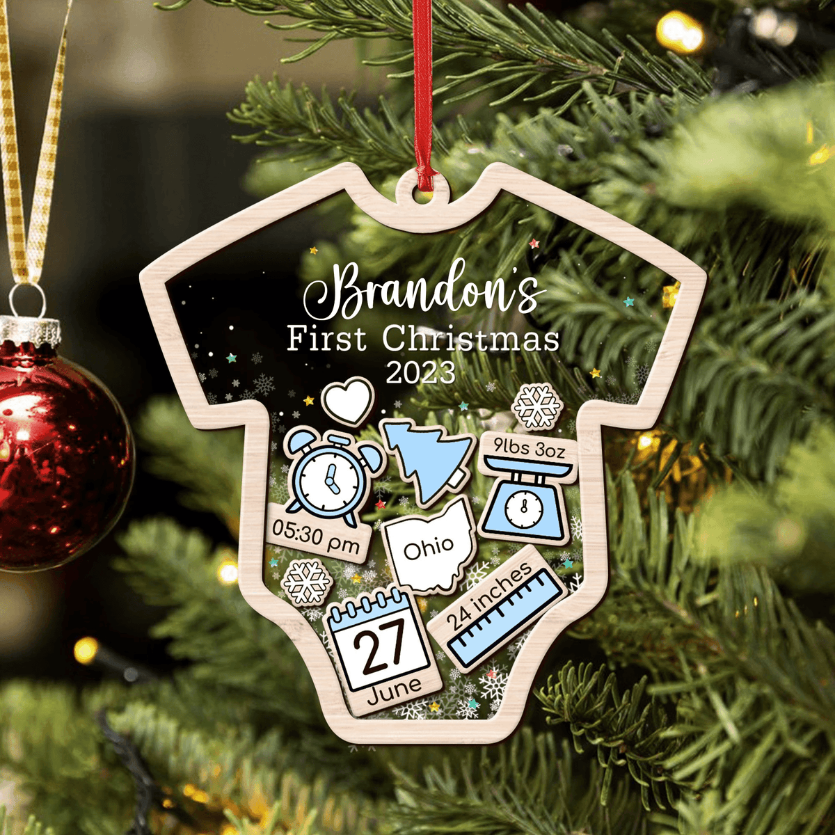Baby's First Christmas Ornament 2023 - Personalized Custom Shaker Ornament - Babies 1st Christmas Ornament, Customized Baby Name, New Baby Gift, Baby Keepsake, 4D Shake Babies Ornament - Suzitee Store