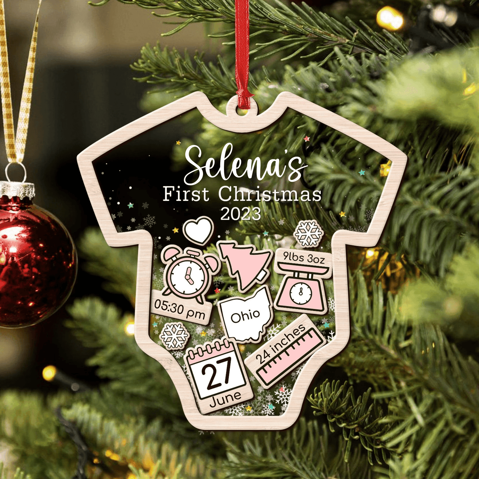 Baby's First Christmas Ornament 2023 - Personalized Custom Shaker Ornament - Babies 1st Christmas Ornament, Customized Baby Name, New Baby Gift, Baby Keepsake, 4D Shake Babies Ornament - Suzitee Store