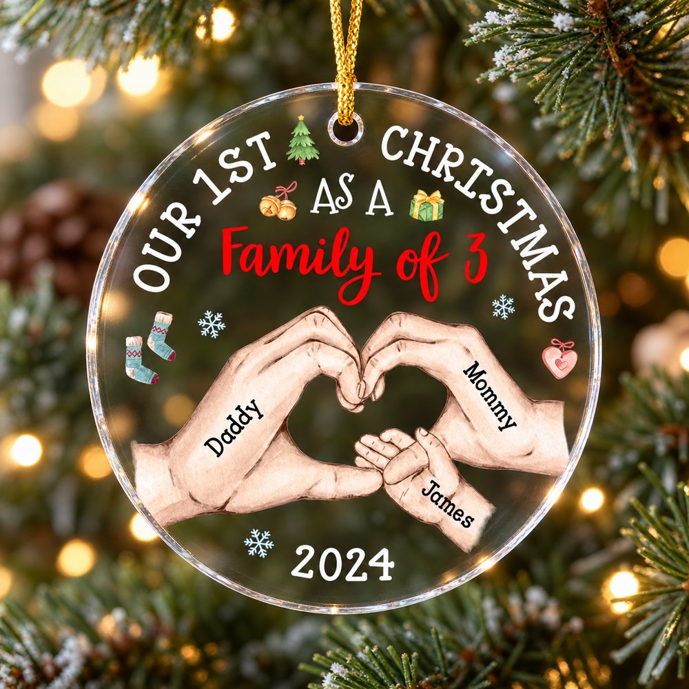 Close-up detail of printed hands and smooth edge on clear acrylic Christmas ornament