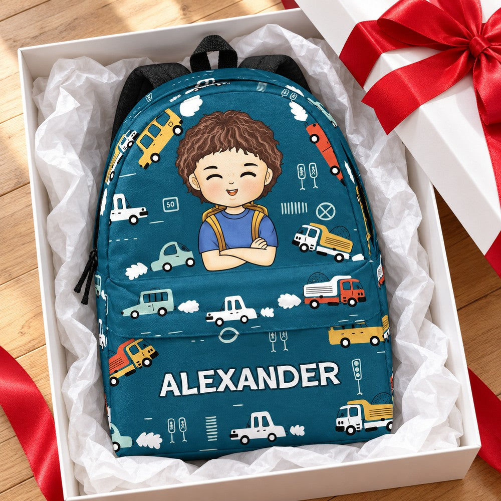 Custom back to school kid backpack for Alexander presented in a holiday gift box
