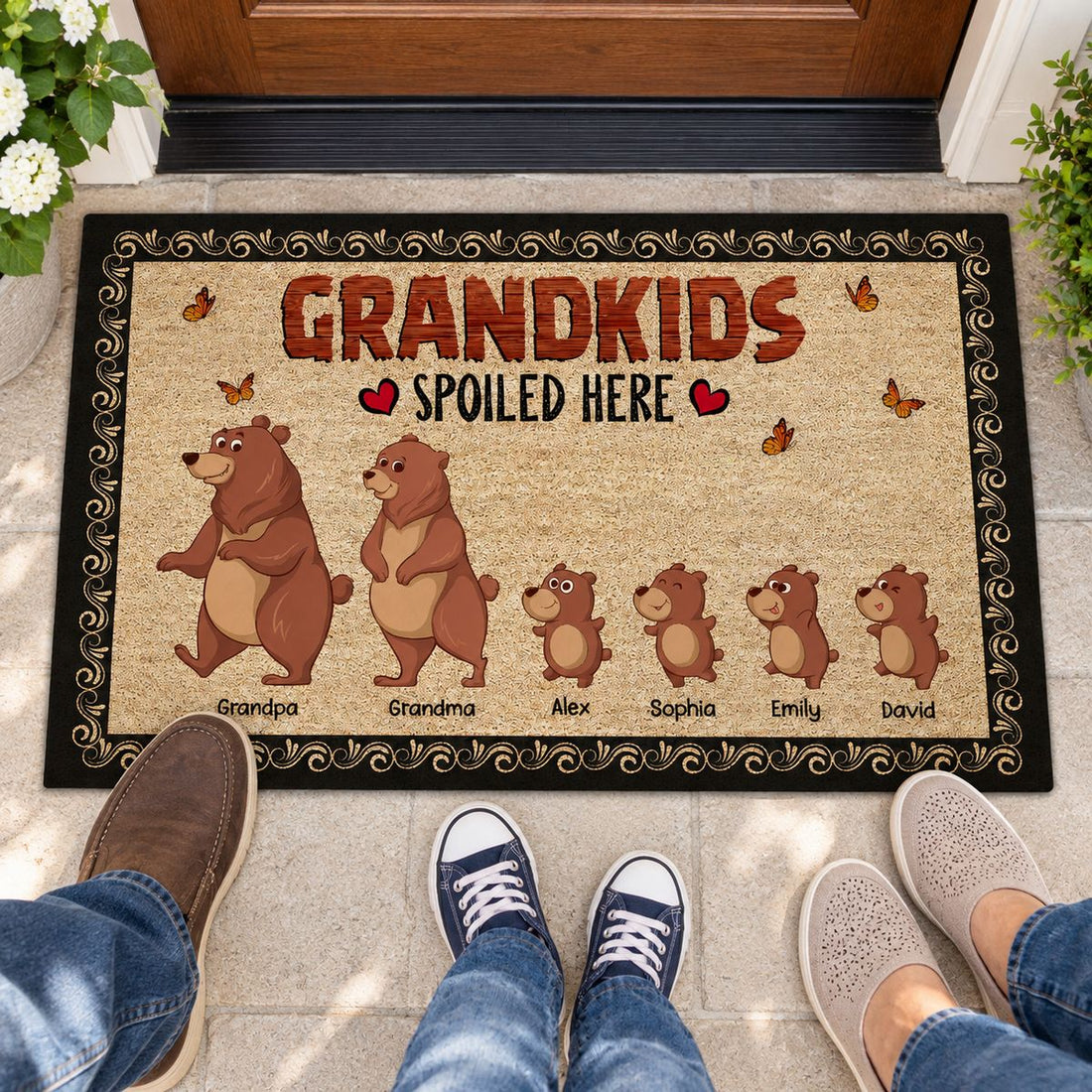 Grandparents and grandkid stepping onto the Bear Grandparents Grandkids Spoiled Here personalized doormat