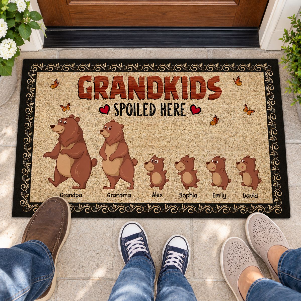 Grandparents and grandkid stepping onto the Bear Grandparents Grandkids Spoiled Here personalized doormat
