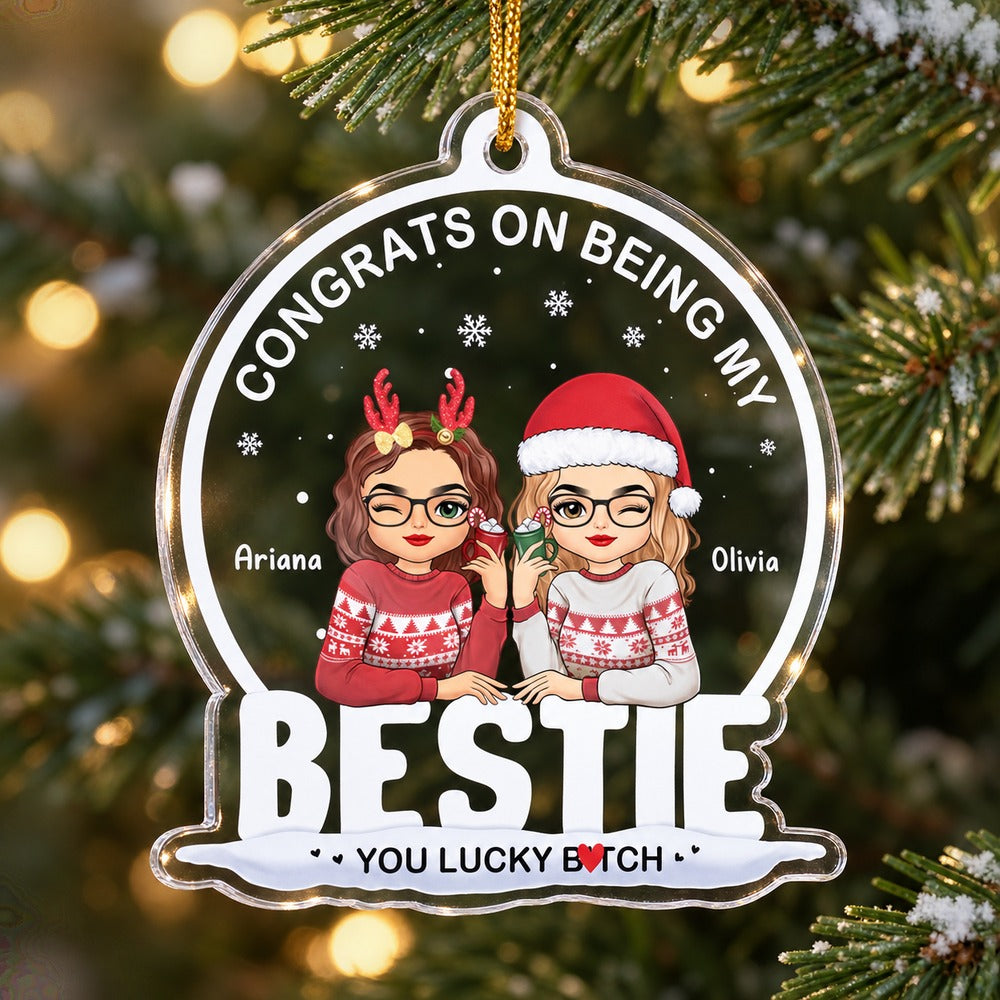 Macro close-up of printed details and clear cut edge on Bestie acrylic ornament