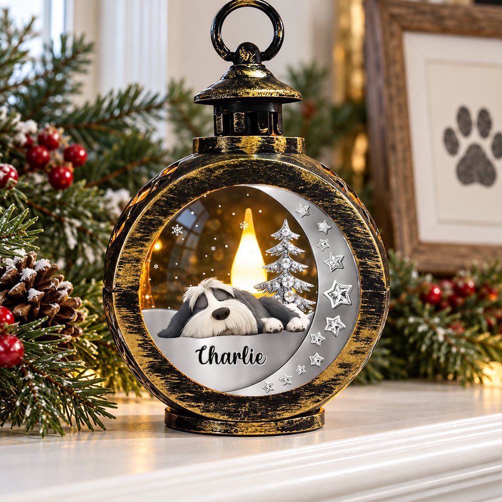 Personalized dog memorial Christmas lantern standing on a holiday fireplace mantel with pine branches