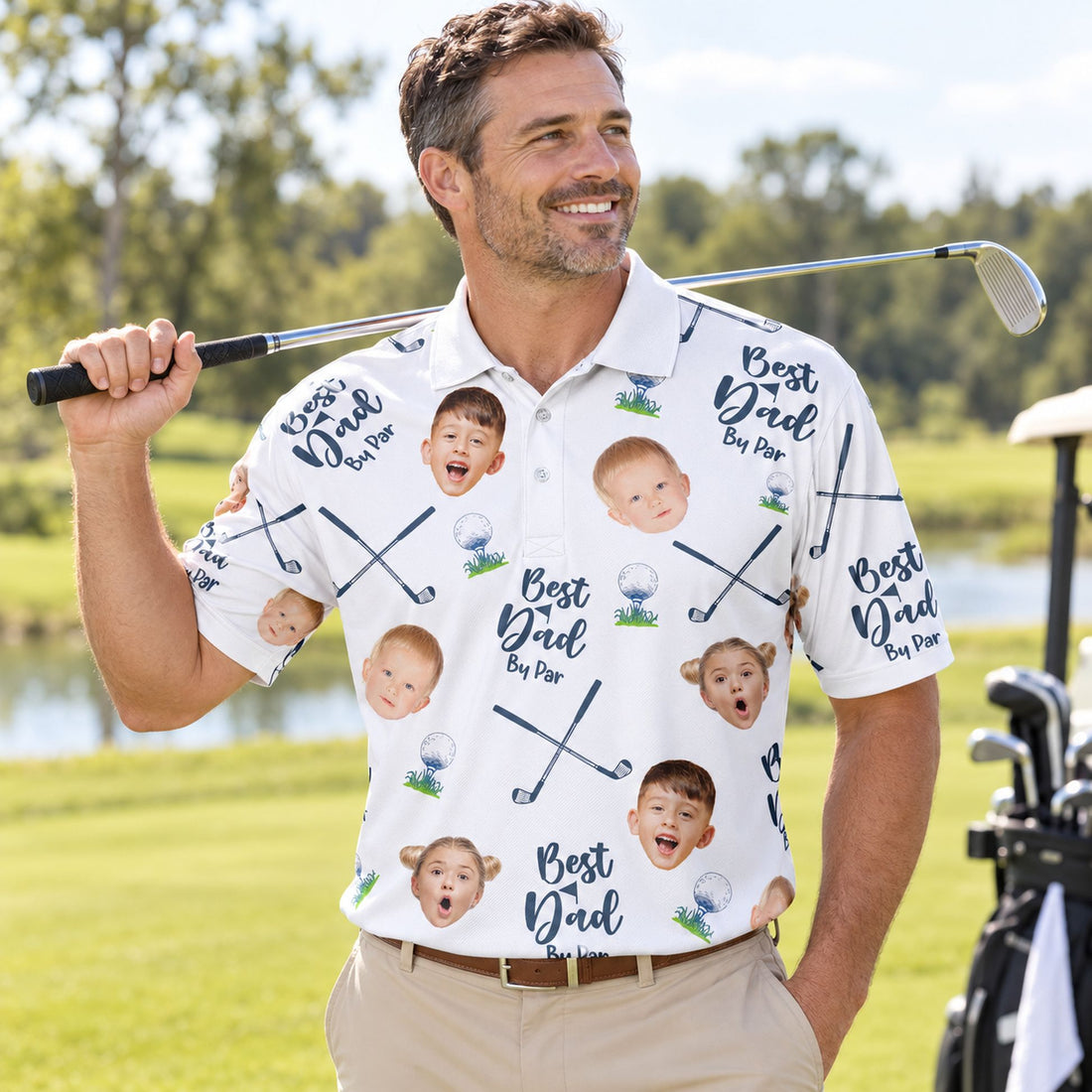 Dad wearing personalized Best Dad By Par golf polo shirt on a sunny golf course
