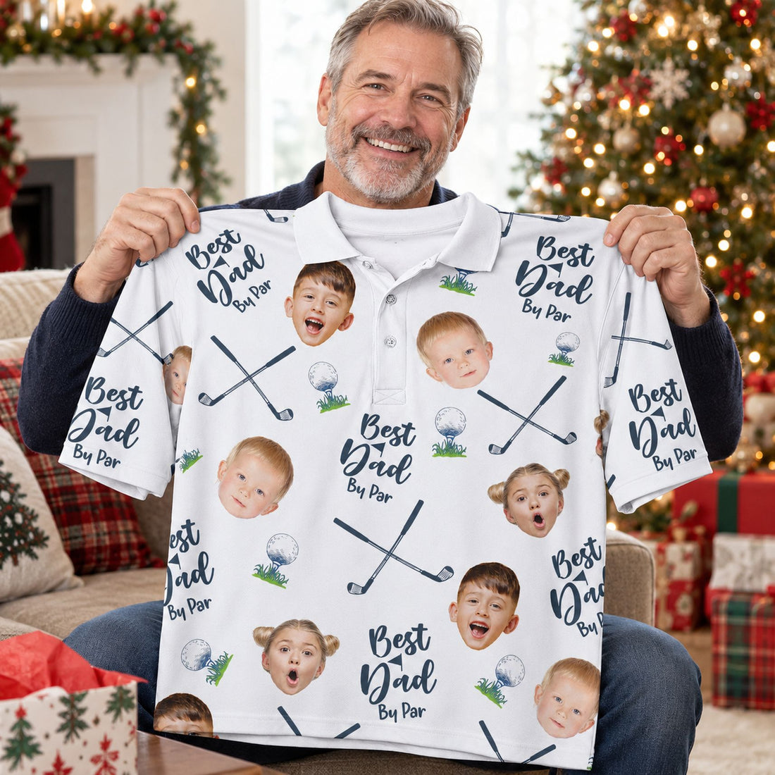 Dad happily holding his personalized Best Dad By Par polo shirt on Christmas morning