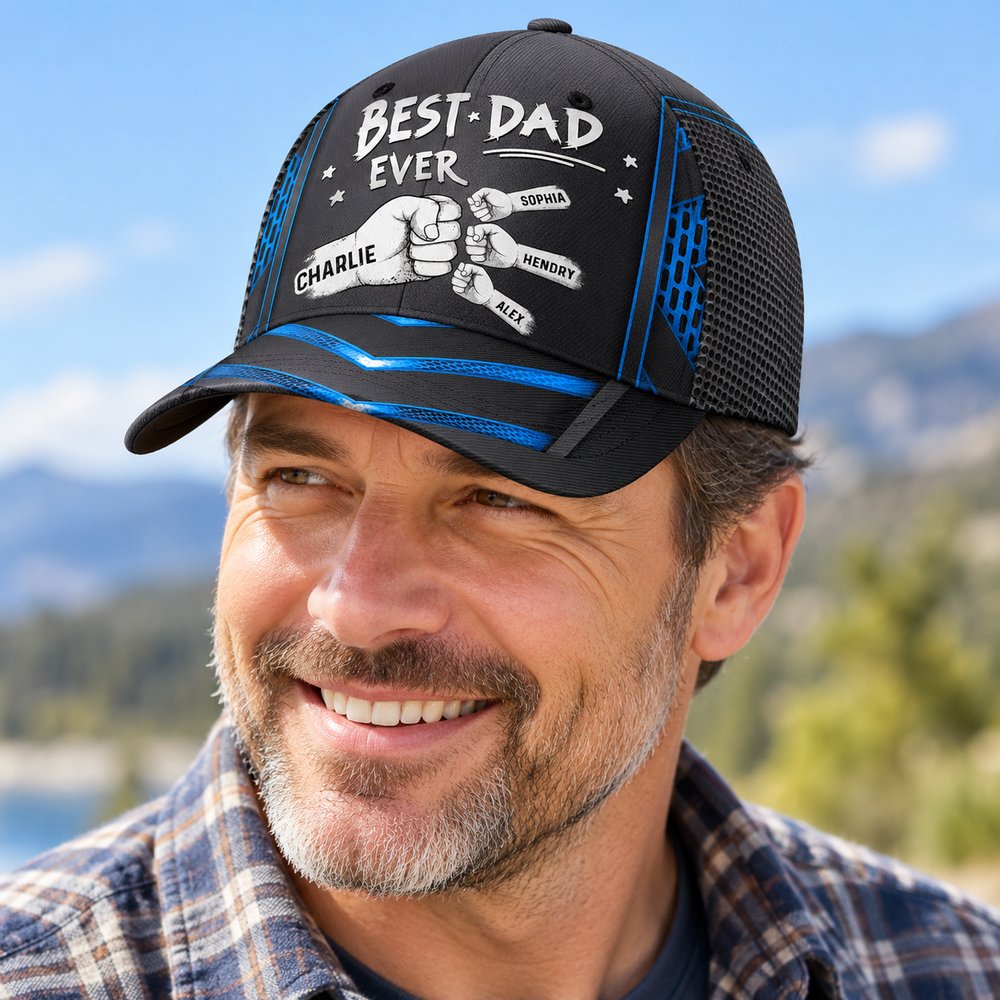 Dad wearing Best Dad Ever personalized classic cap with fist bump print outdoors