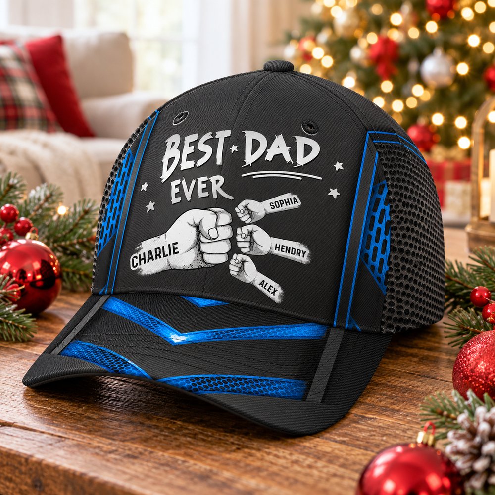 Best Dad Ever personalized cap on holiday table near Christmas tree