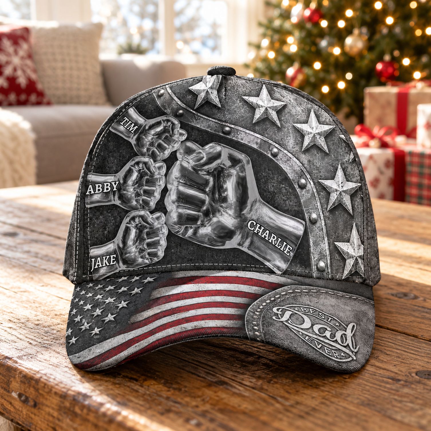 Best Dad Ever personalized metal style classic cap on a table by a Christmas tree