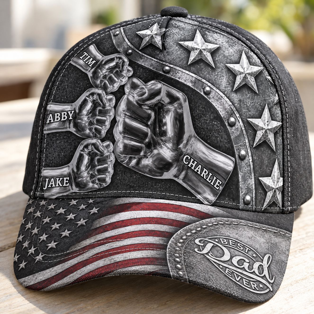 Close-up detail of the polyester weave and 3D metal print on the Best Dad Ever cap