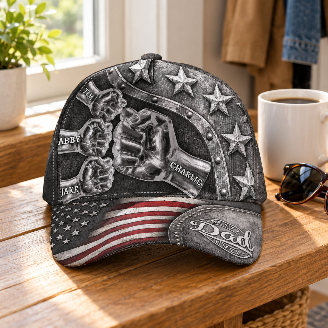Best Dad Ever personalized classic cap next to a coffee mug and sunglasses for scale