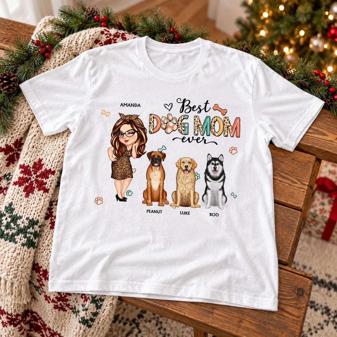Personalized Best Dog Mom Ever white t-shirt laid out in a cozy Christmas living room