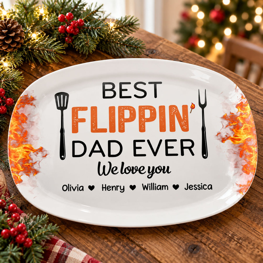 Best Flippin Dad Ever personalized grilling platter on a festive holiday table with pine garland