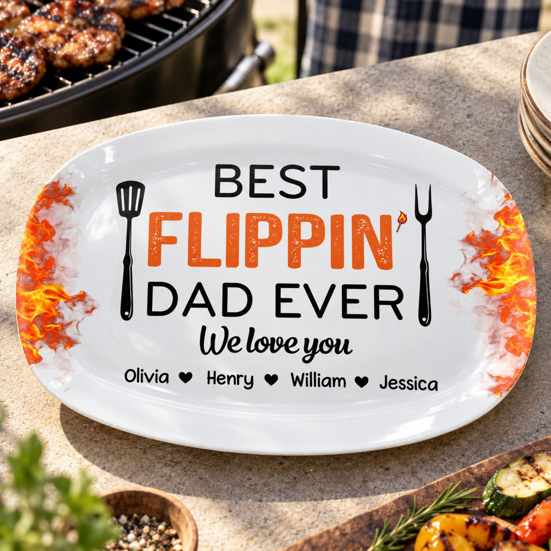 Close-up detail of the glossy surface and flame print on the Best Flippin Dad Ever platter