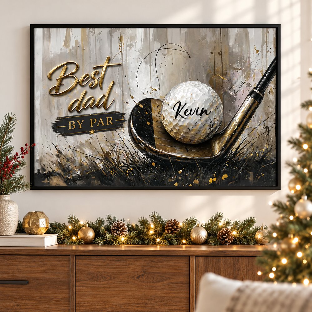 Personalized Best Golf Dad By Par framed print hanging on wall in bright holiday living room