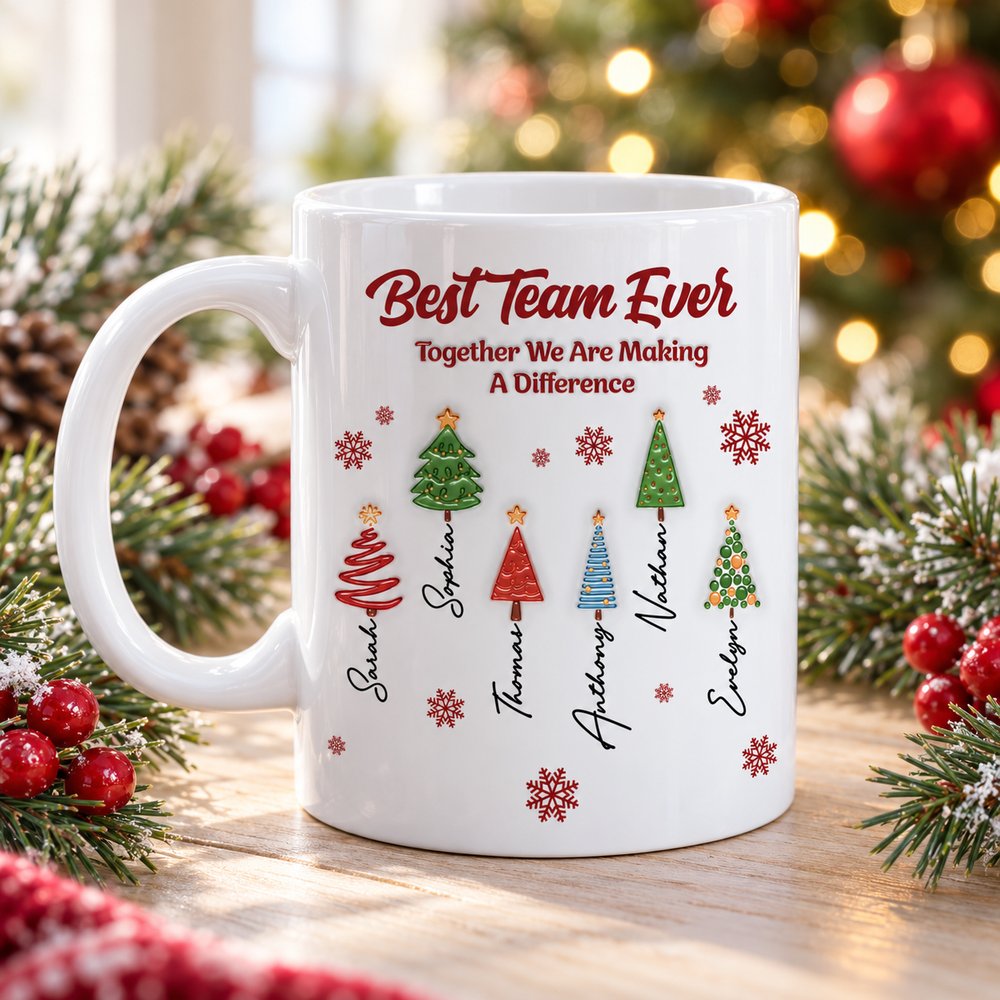 Personalized Best Team Ever coworker mug in a bright Christmas tabletop setting