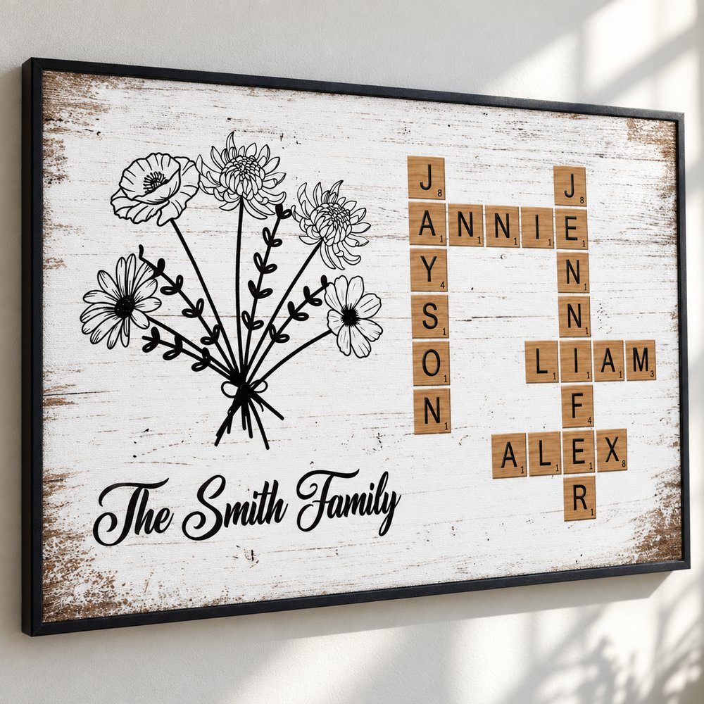 Close up detail of Birth Flower Family Crossword print texture and letter tiles