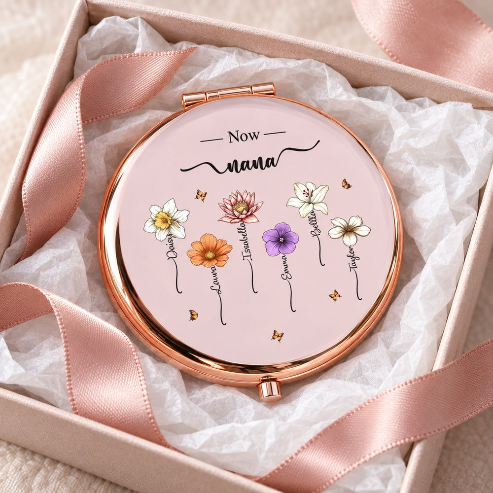 Rose gold Now Nana personalized birth flower compact mirror in a holiday gift box with ribbon