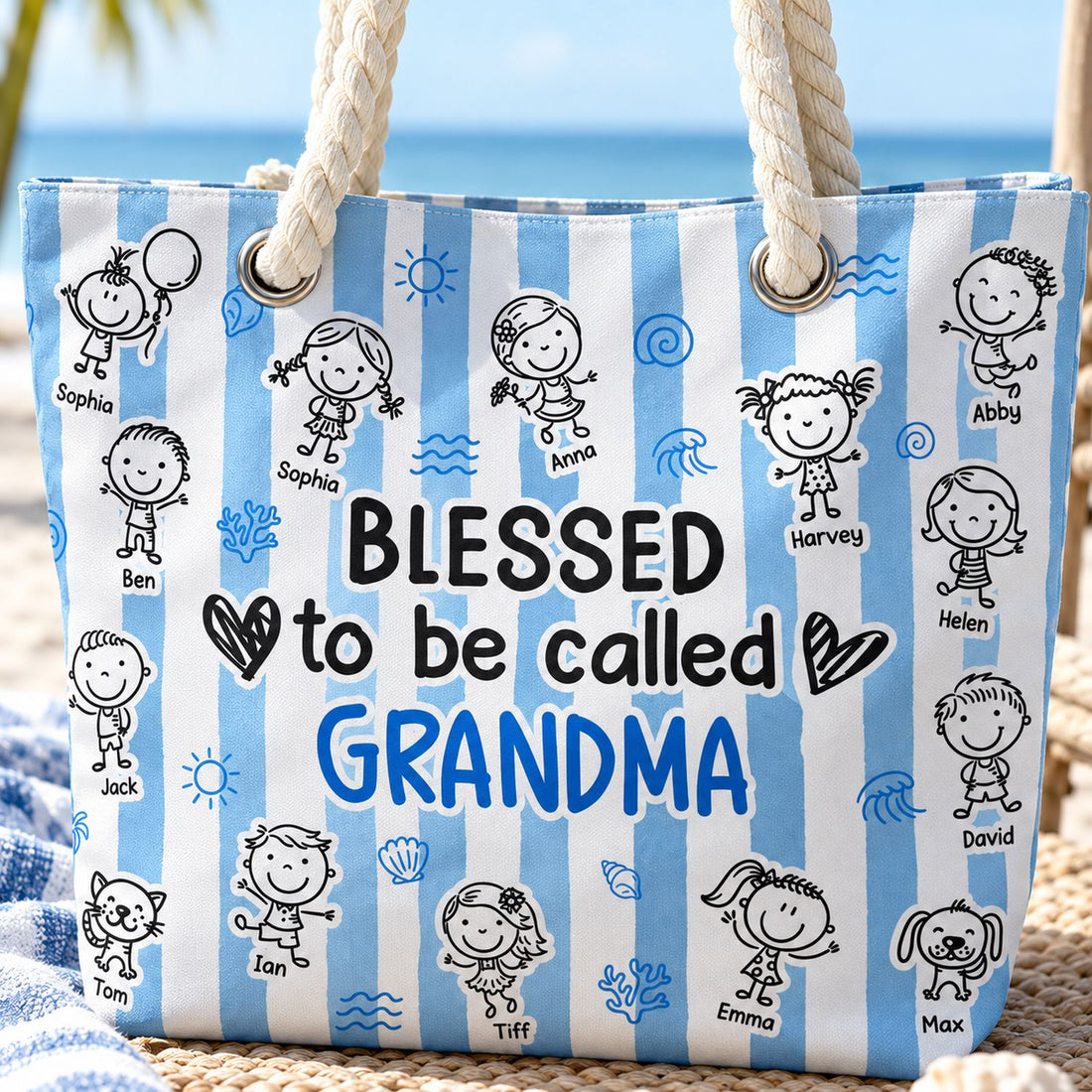 Close-up detail of rope handle, metal grommet and printed fabric on the personalized Grandma beach bag