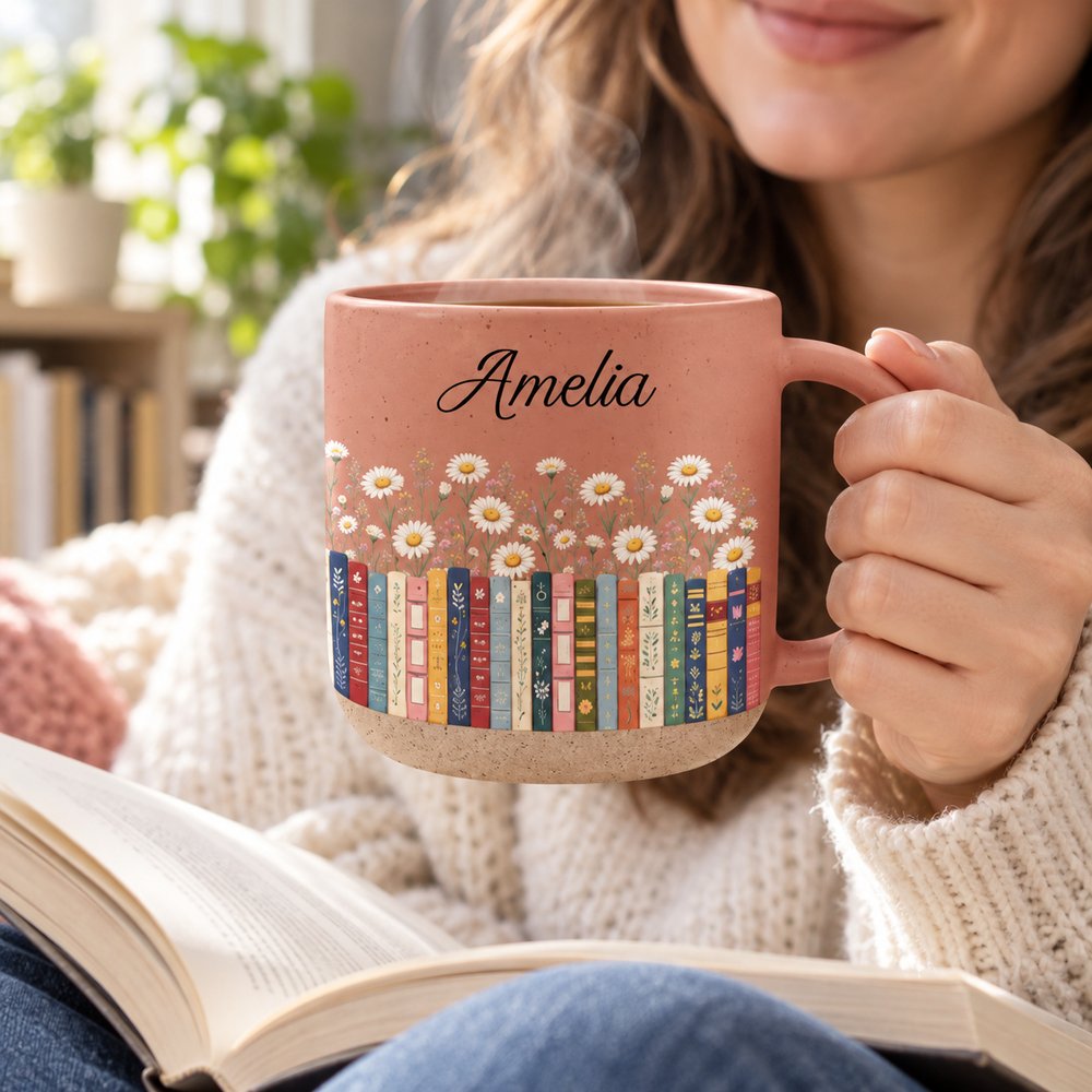 Woman holding personalized bookworm floral pottery mug with hot tea while reading a book
