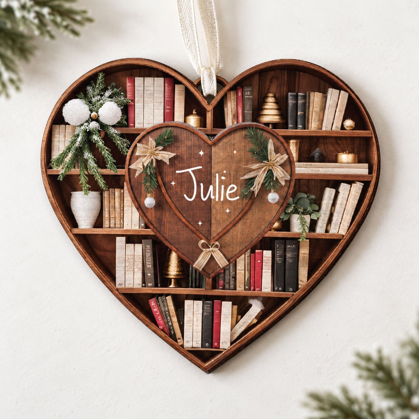 Macro closeup of bookshelf heart wood ornament showing printed book details and wood edge