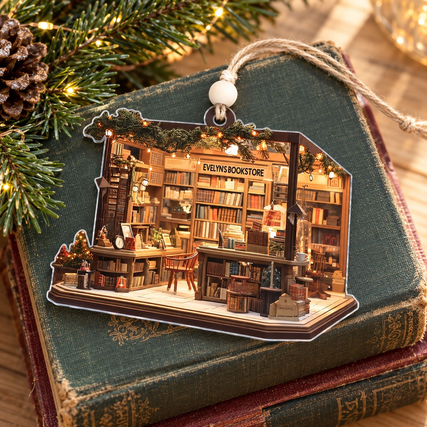 Personalized bookstore flat acrylic ornament lying on vintage books with Christmas pine decor